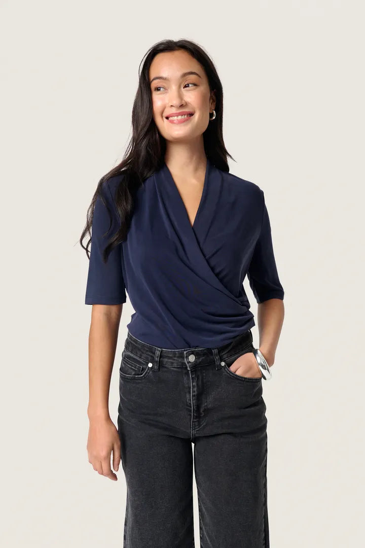 COLUMBINE WRAP BLOUSE - NAVY - SOAKED IN LUXURY